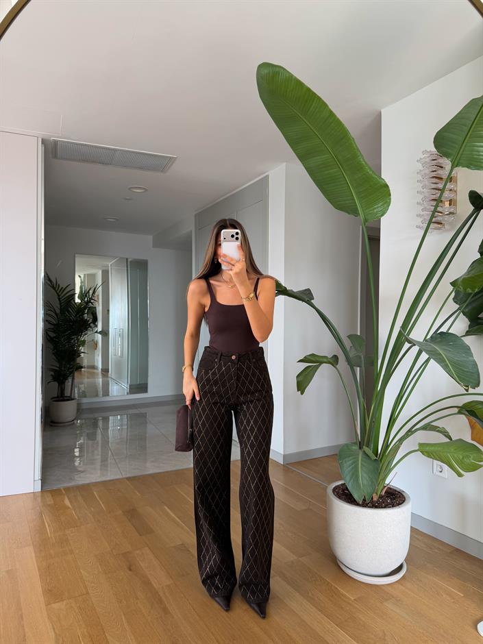 Baklava Desenli Taşlı Wide Leg Jean - Kahve