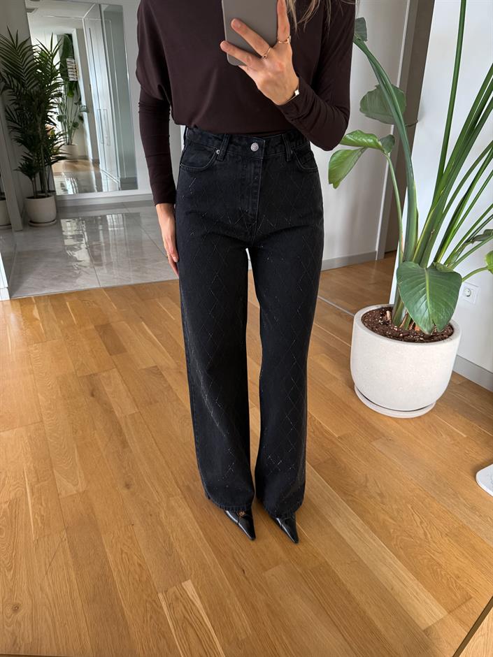 Baklava Desenli Taşlı Wide Leg Jean - Siyah