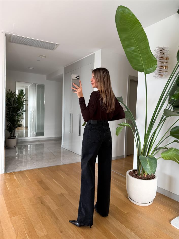Baklava Desenli Taşlı Wide Leg Jean - Siyah