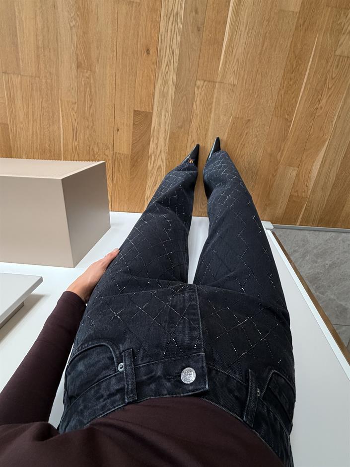 Baklava Desenli Taşlı Wide Leg Jean - Siyah