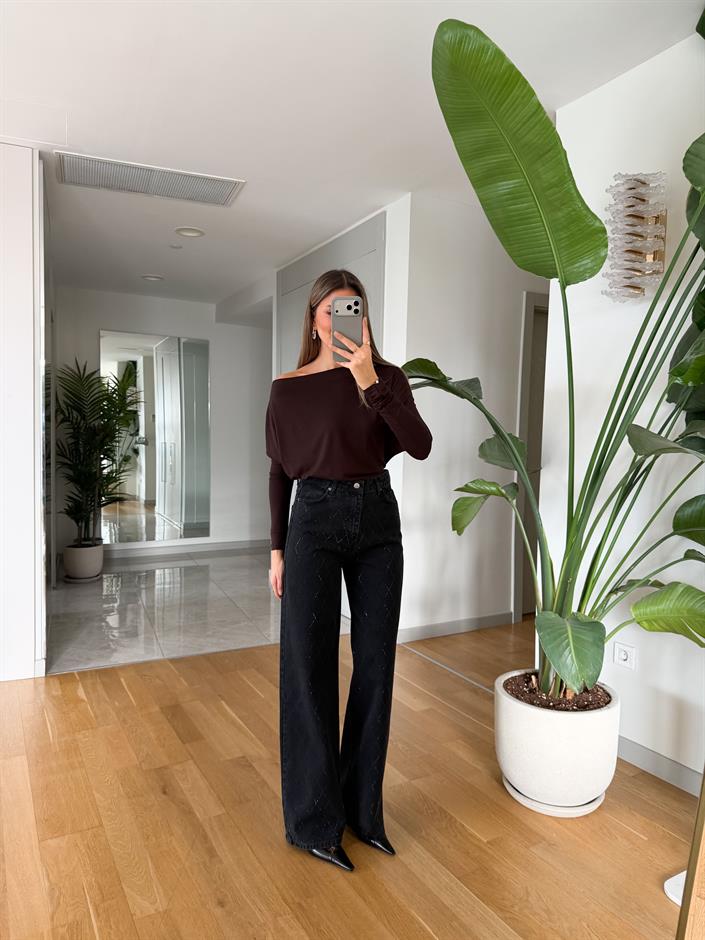 Baklava Desenli Taşlı Wide Leg Jean - Siyah