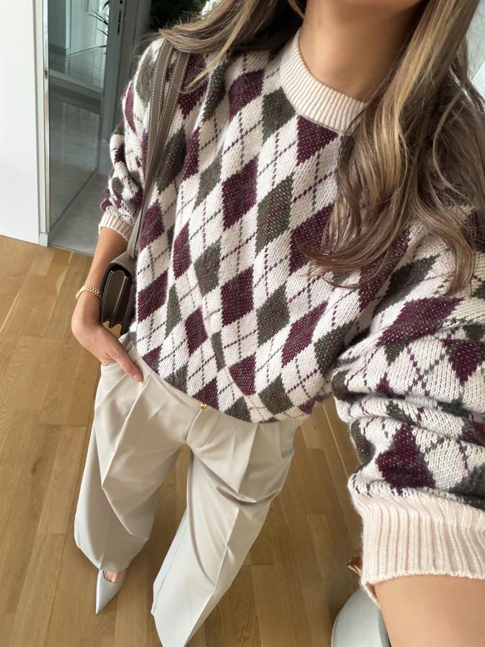 Baklava Desenli Triko Kazak 