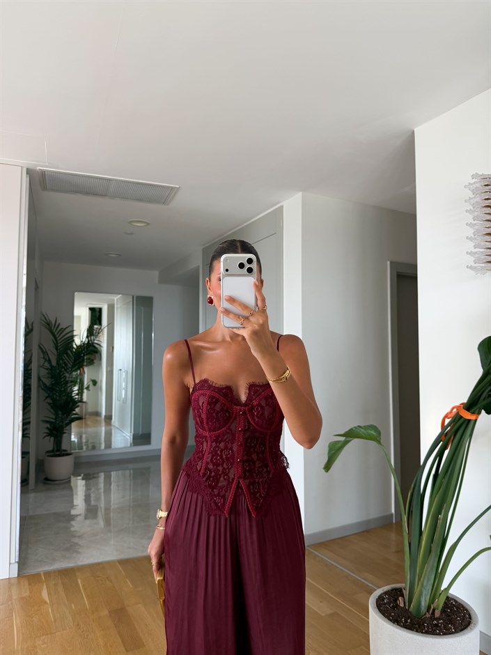 Balenli Dantelli Korse Bluz - Bordo