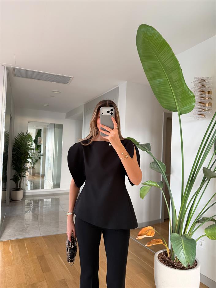 Balon Kol Asimetrik Bluz - Siyah