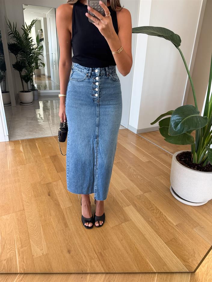 Barbara Düğmeli Midi Denim Etek 
