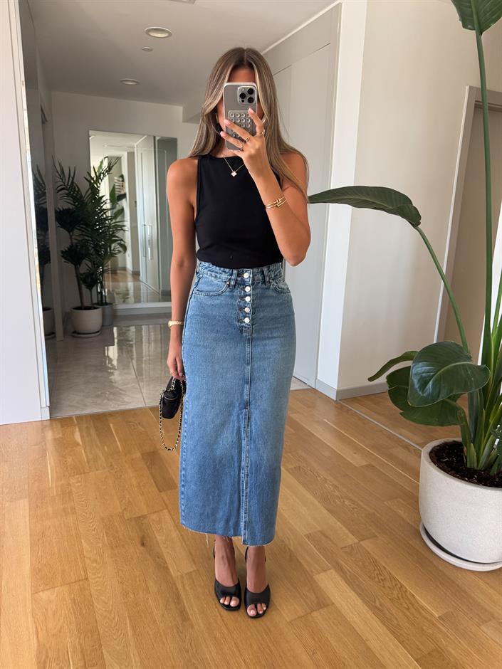 Barbara Düğmeli Midi Denim Etek 