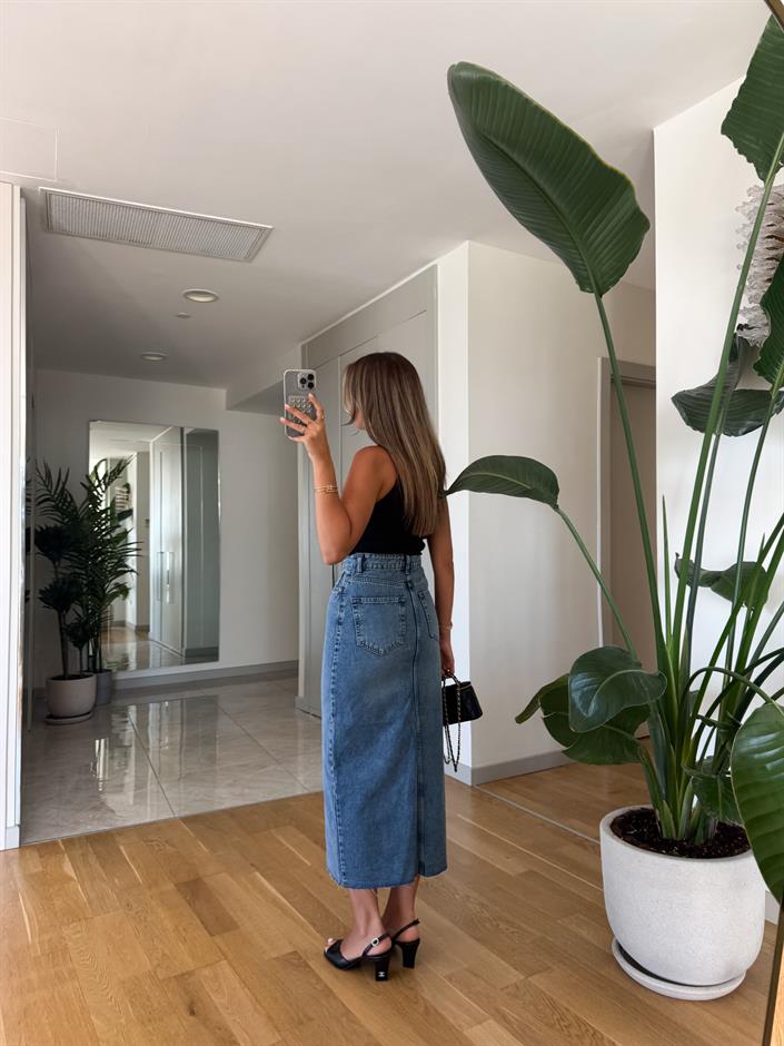 Barbara Düğmeli Midi Denim Etek 