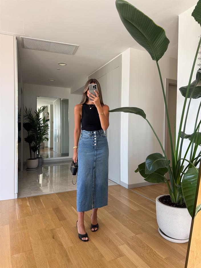 Barbara Düğmeli Midi Denim Etek 