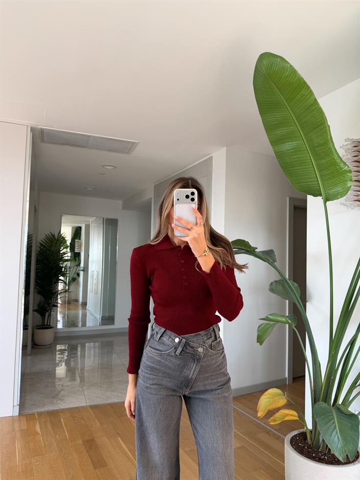 Barley Polo Yaka Fitilli Triko - Bordo