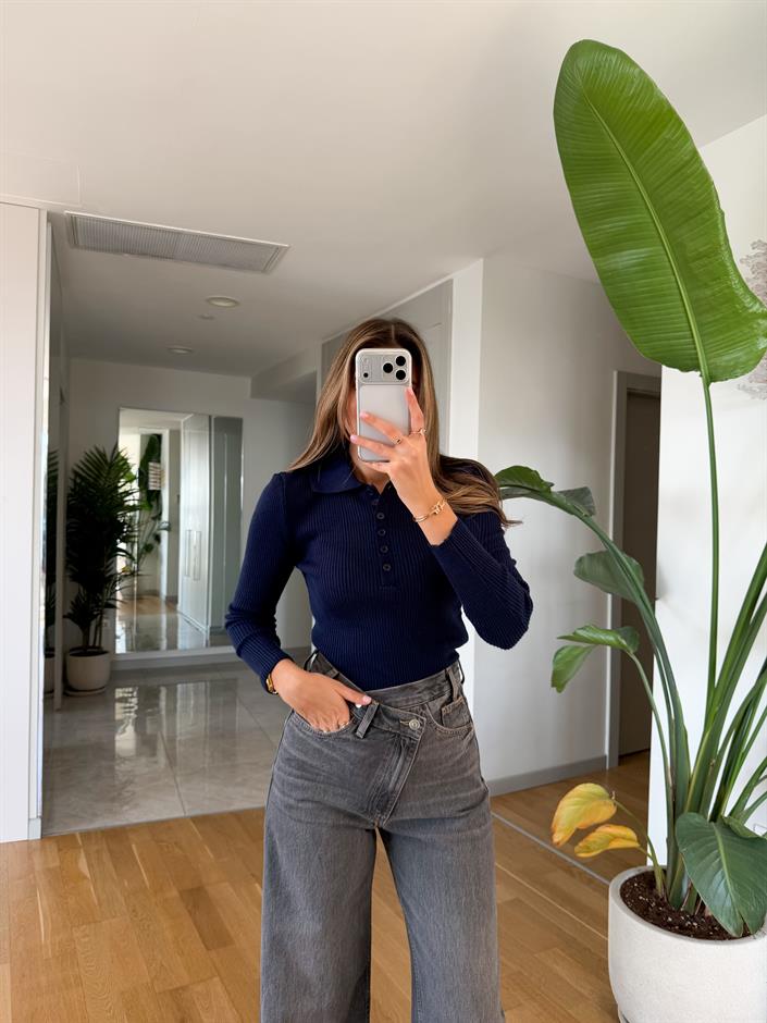 Barley Polo Yaka Fitilli Triko - Lacivert