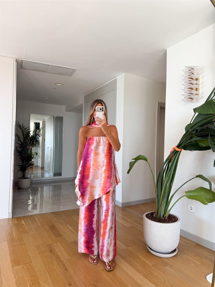 Batik Desenli Straplez Takım - Pembe