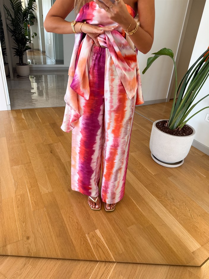 Batik Desenli Straplez Takım - Pembe