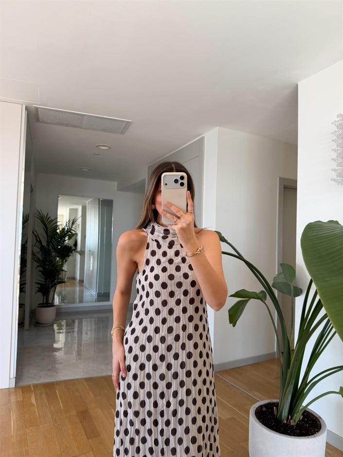 Bej Puantiyeli Astarlı Elbise