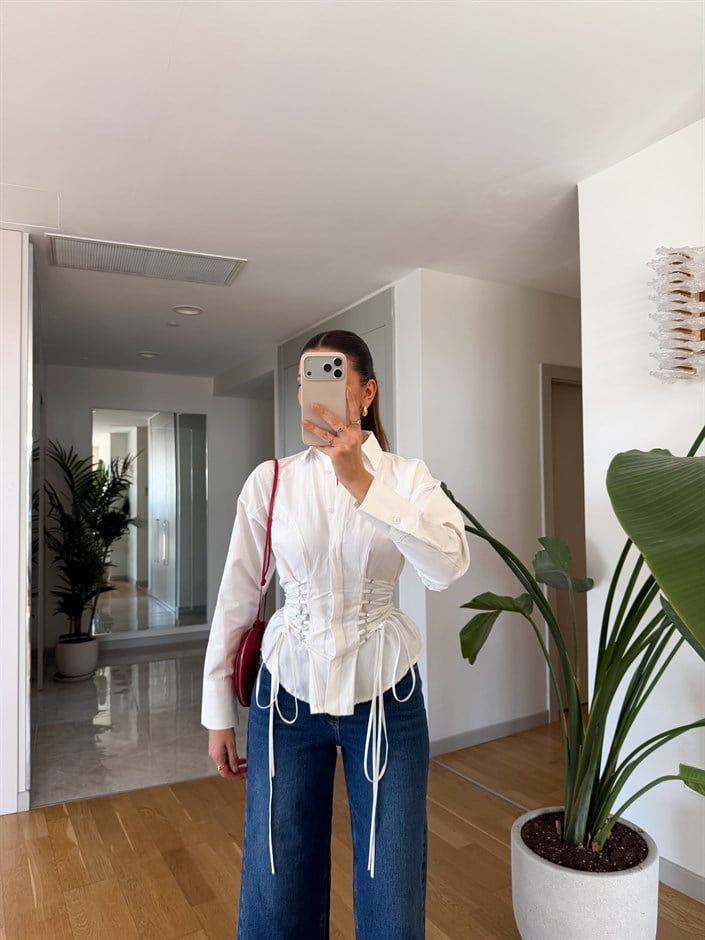 Bel Korseli Gömlek - Beyaz