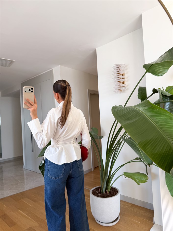 Bel Korseli Gömlek - Beyaz