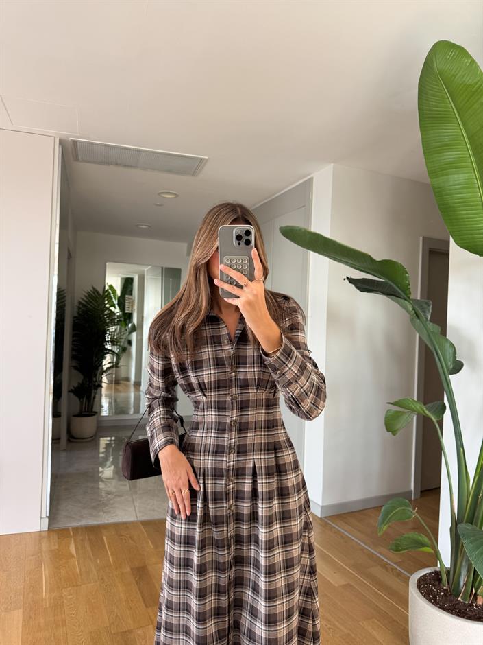 Belden Oturtmalı Ekoseli Elbise - Kahve