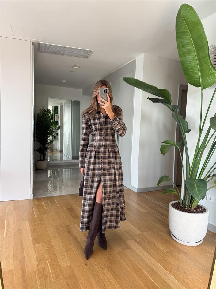 Belden Oturtmalı Ekoseli Elbise - Kahve