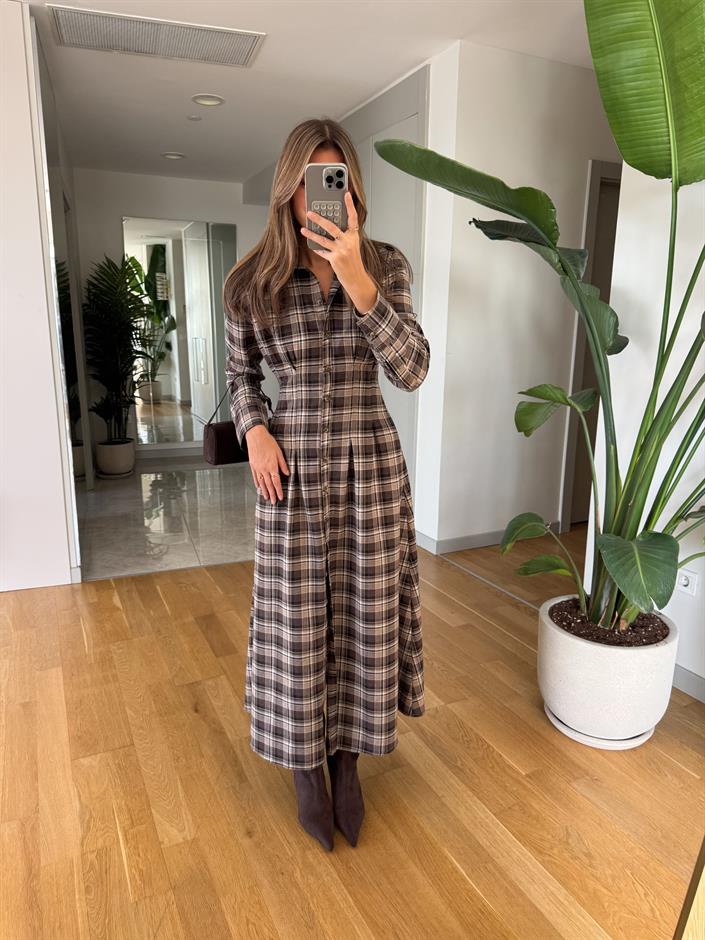 Belden Oturtmalı Ekoseli Elbise - Kahve