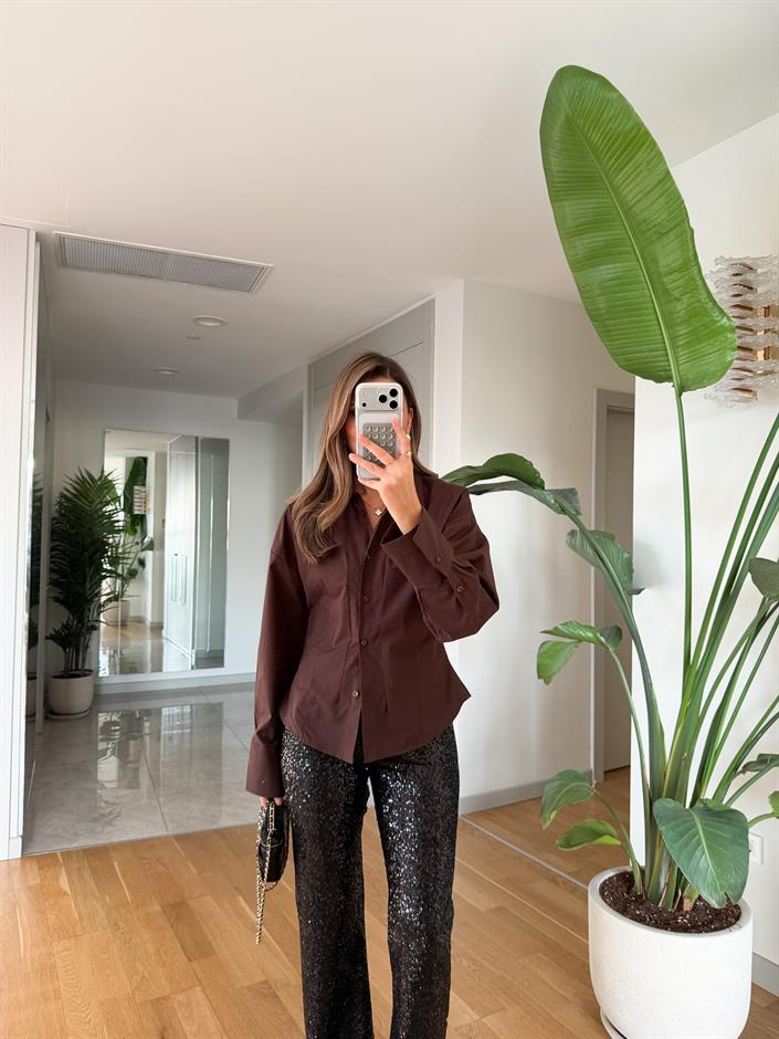 Belden Oturtmalı Poplin Gömlek - Kahve