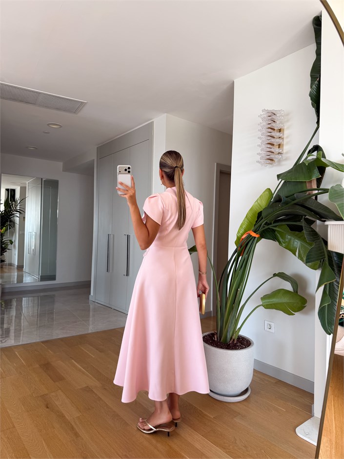 Beli Aplikeli Omuz Detaylı Elbise - Pembe