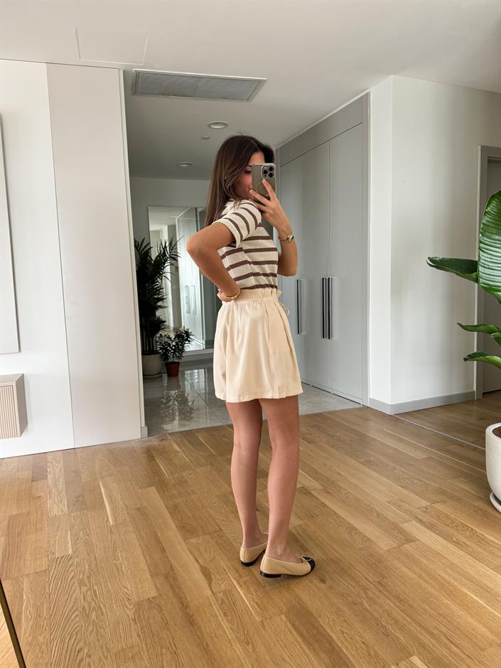 Beli Bağcıklı Tensel Şort-Bej