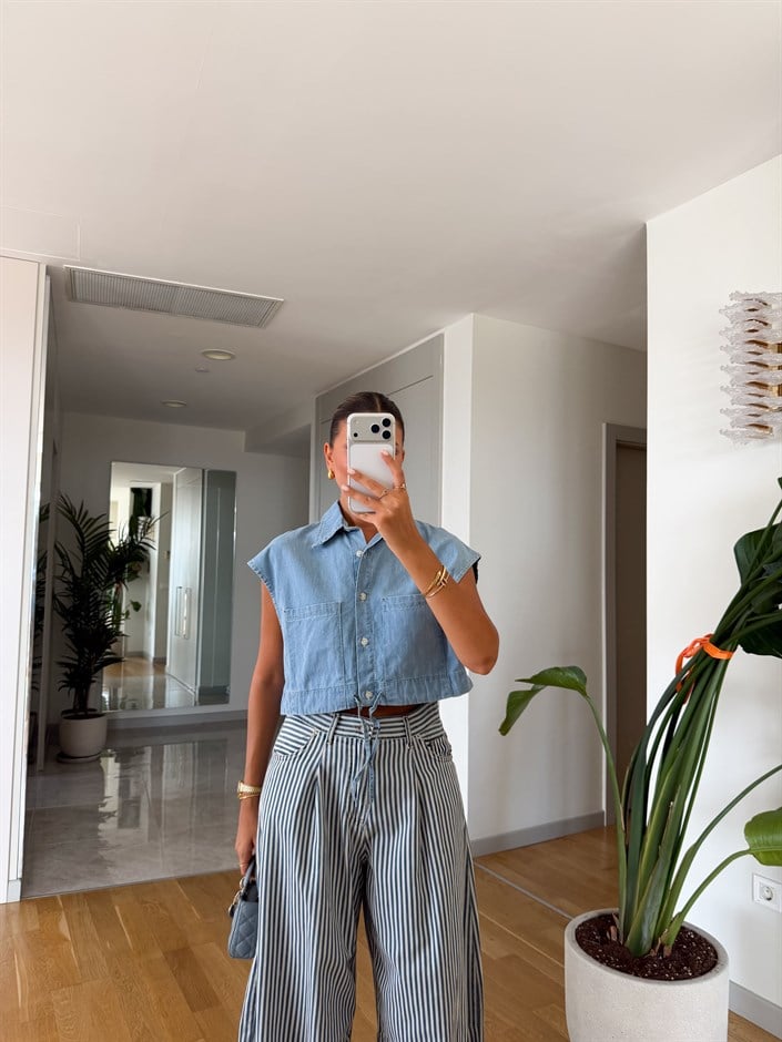 Beli Bağlamalı Crop Gömlek - Mavi 