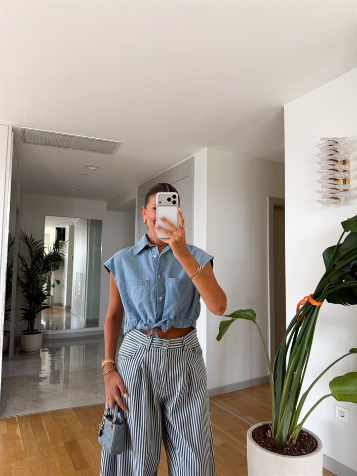 Beli Bağlamalı Crop Gömlek - Mavi 
