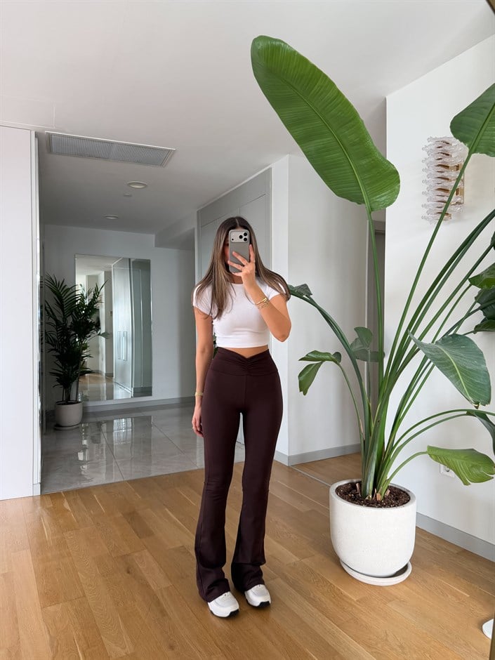 Beli Büzgü Detaylı İspanyol Paça Tayt - Kahve