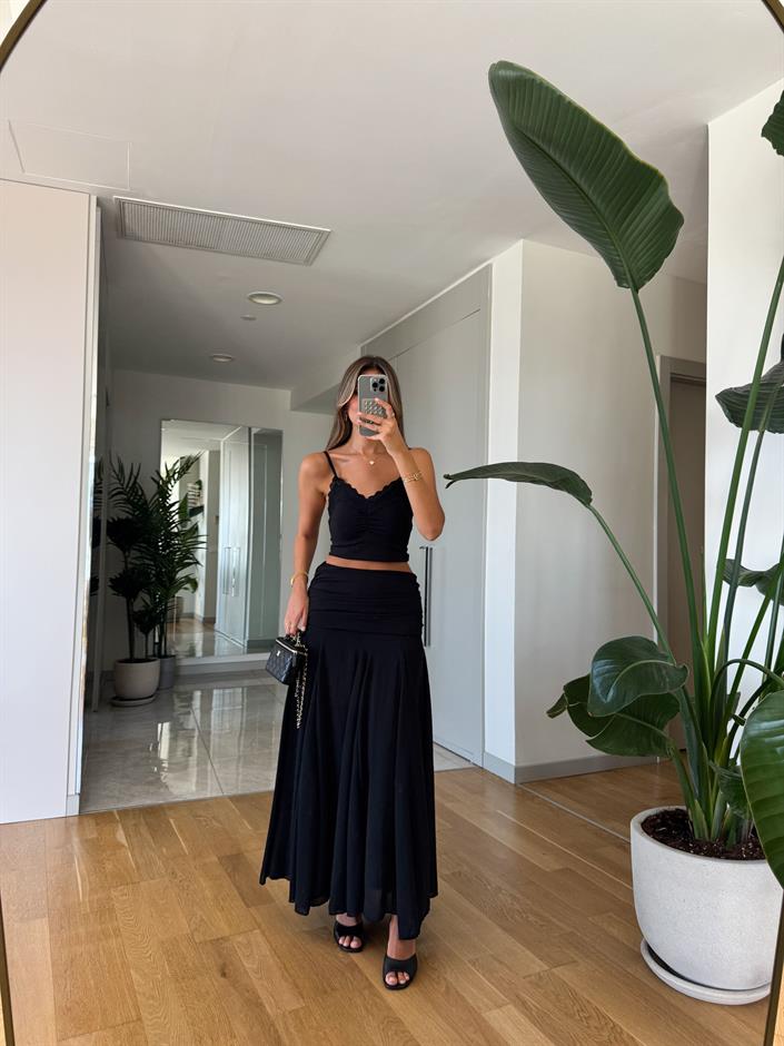 Beli Drapeli Şifon Etek -Siyah