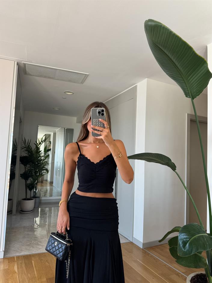 Beli Drapeli Şifon Etek -Siyah