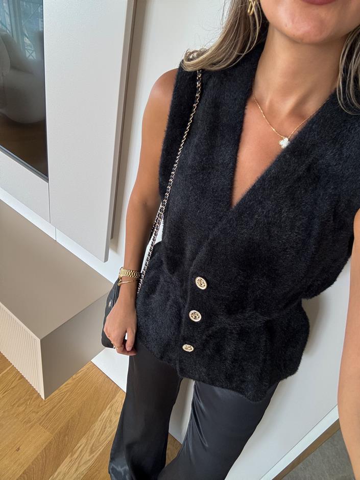 Beli Lastik Detaylı Yelek - Siyah