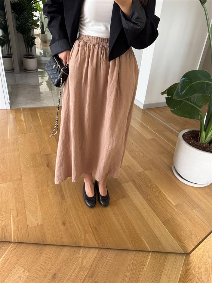 Beli Lastikli %100 Keten Etek- Camel