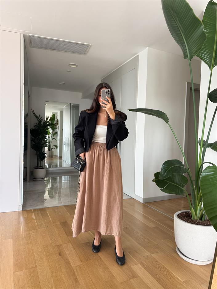 Beli Lastikli %100 Keten Etek- Camel