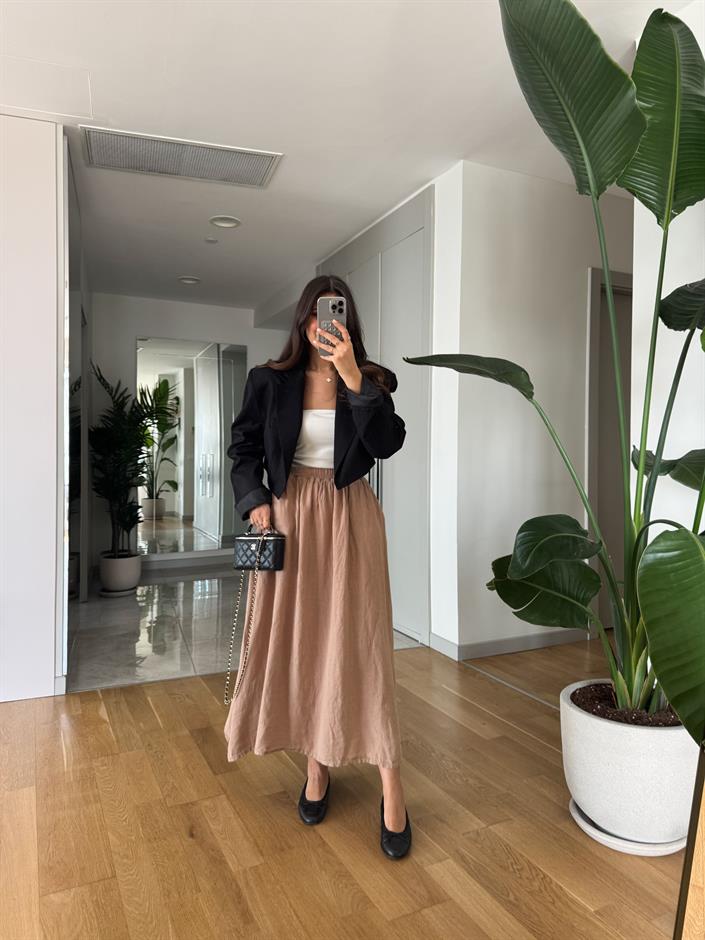 Beli Lastikli %100 Keten Etek- Camel