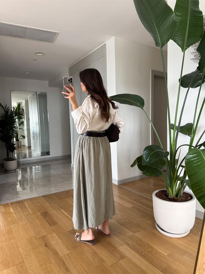 Beli Lastikli %100 Keten Etek Haki