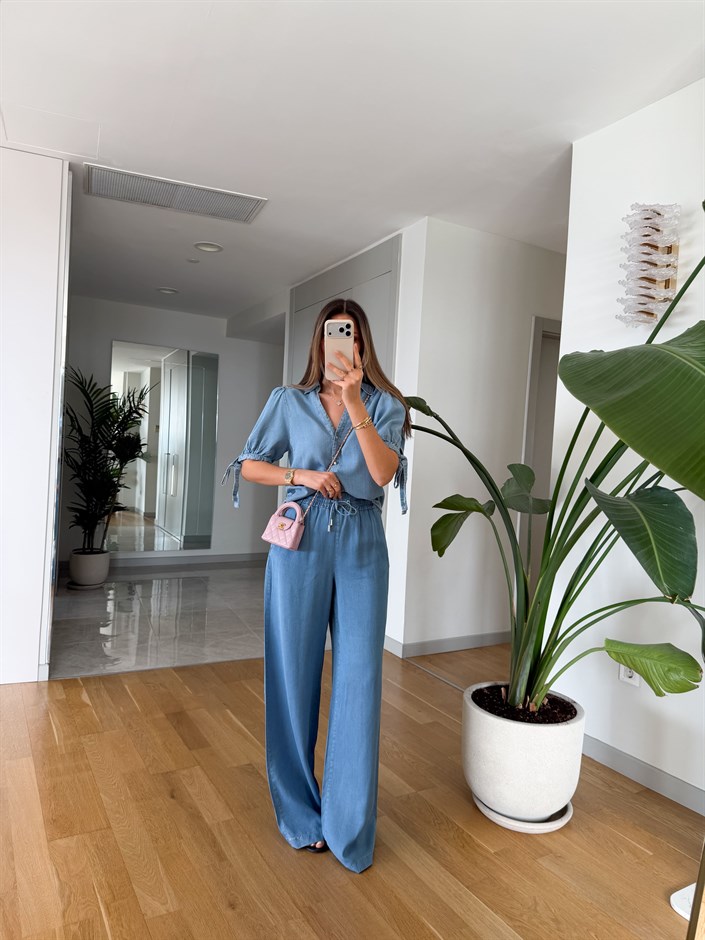 Beli Lastikli Geniş Paça Pantolon - Mavi