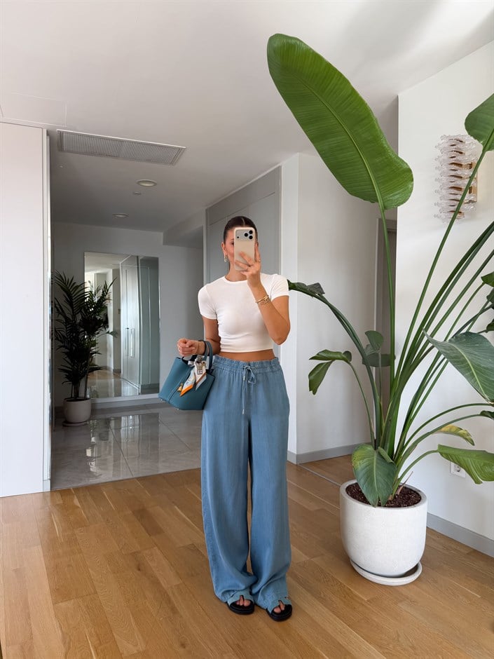 Beli Lastikli Geniş Paça Pantolon - Mavi