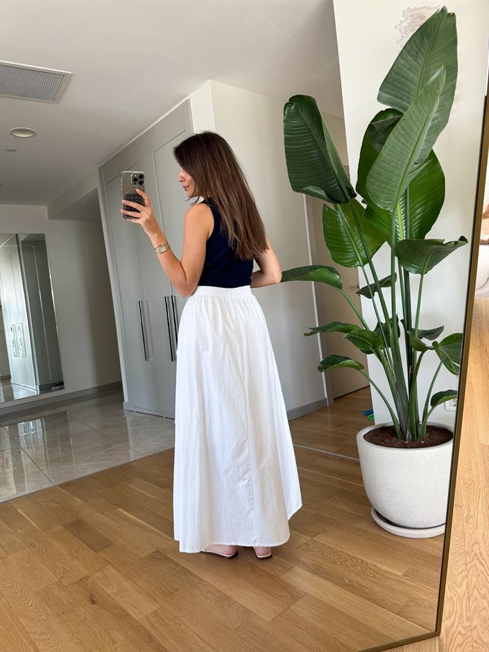 Beli Lastikli Pon Pon Detaylı Poplin Etek