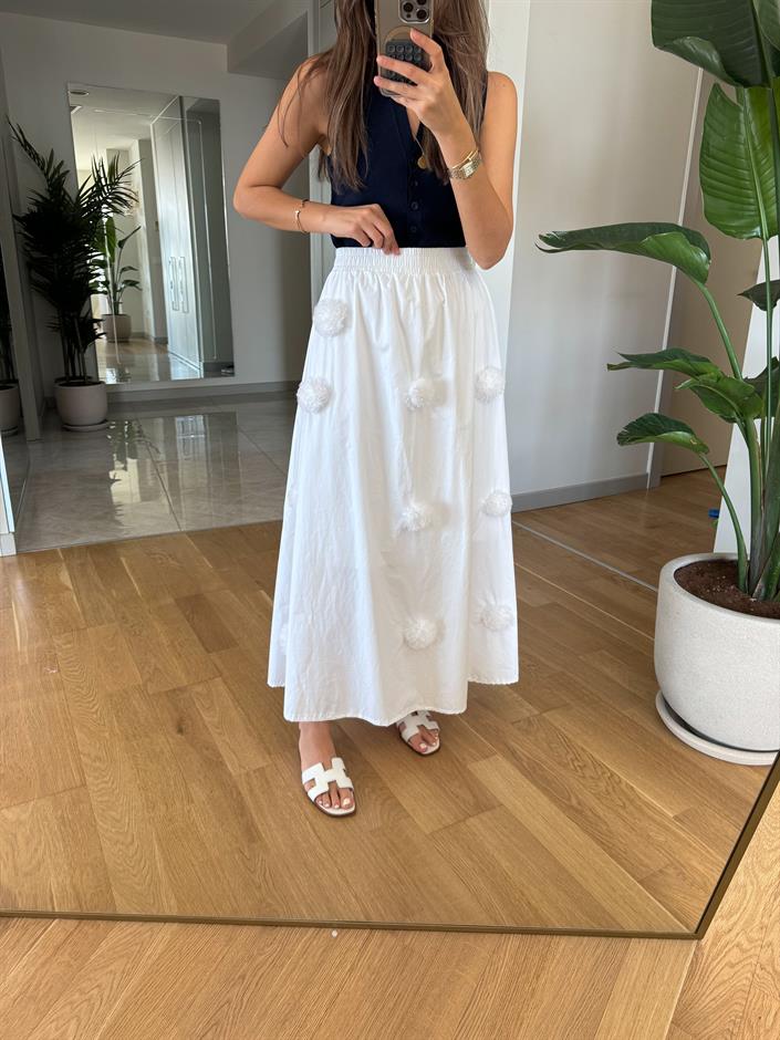Beli Lastikli Pon Pon Detaylı Poplin Etek