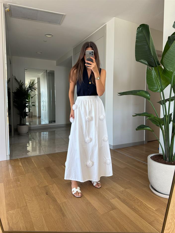 Beli Lastikli Pon Pon Detaylı Poplin Etek
