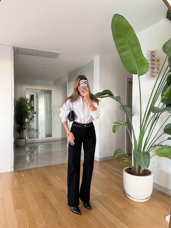 Beli Zımba Detaylı Wide Leg Jean - Siyah