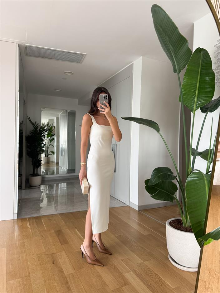 Belinda Kare Yaka Midi Elbise- Ekru