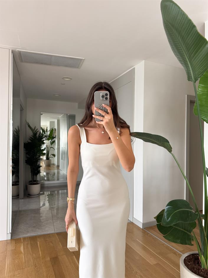 Belinda Kare Yaka Midi Elbise- Ekru