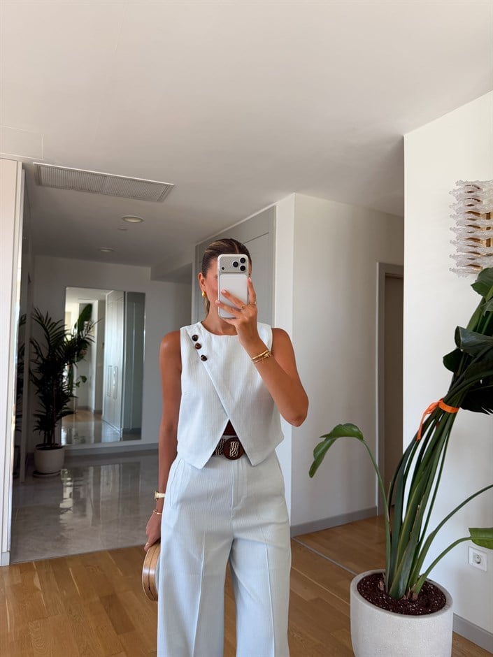 Berle Düğme Detaylı Bluz Takım - Mavi 