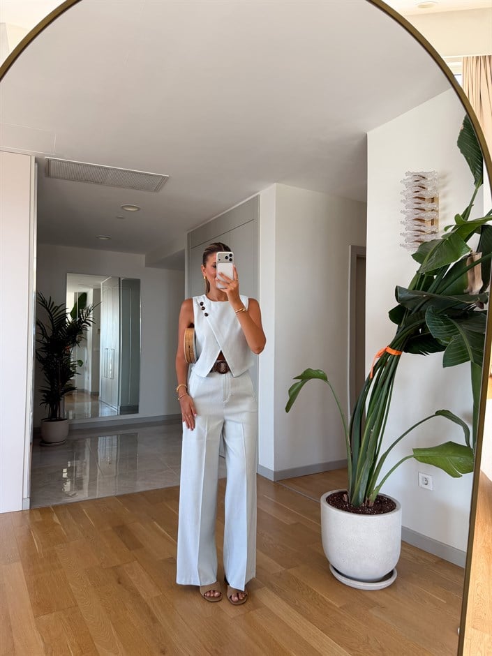 Berle Düğme Detaylı Bluz Takım - Mavi 