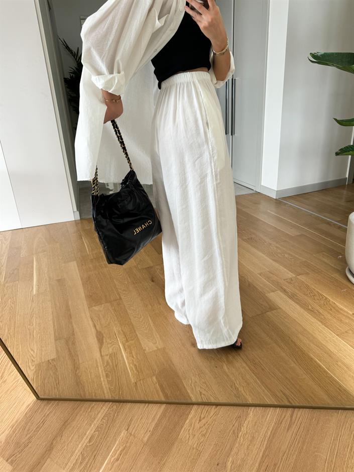 Beyaz Beli Lastikli Tensel Pantolon