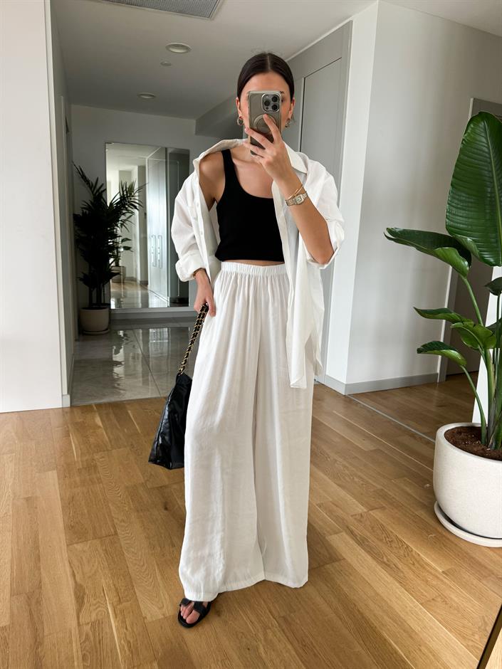 Beyaz Beli Lastikli Tensel Pantolon