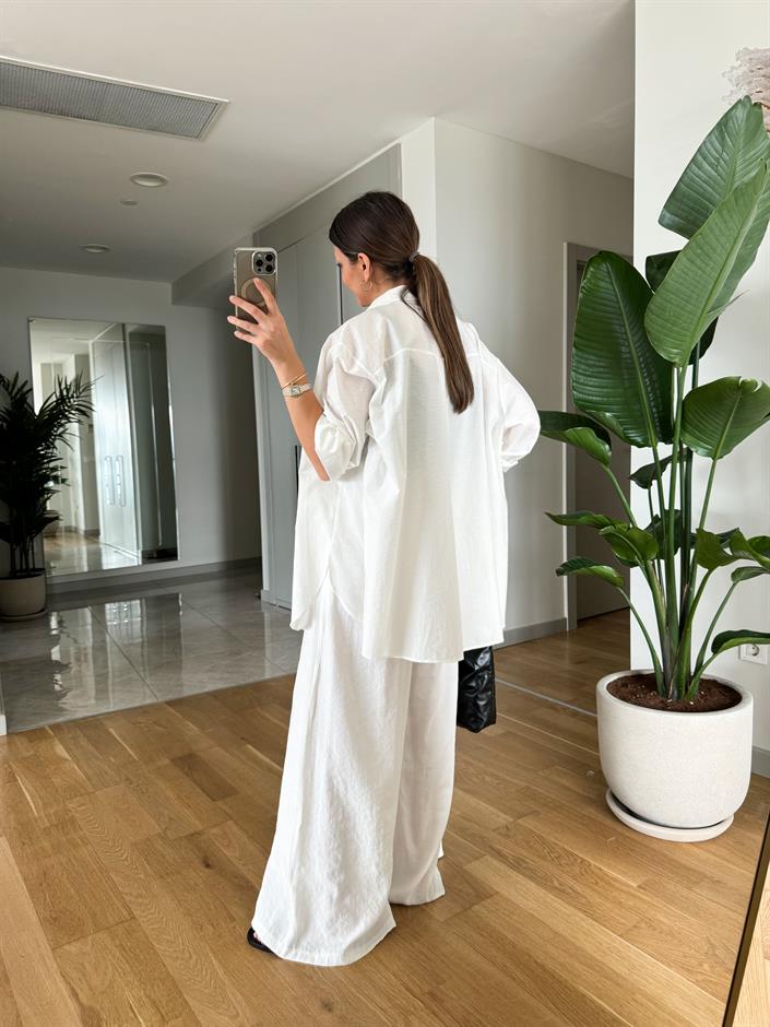 Beyaz Beli Lastikli Tensel Pantolon