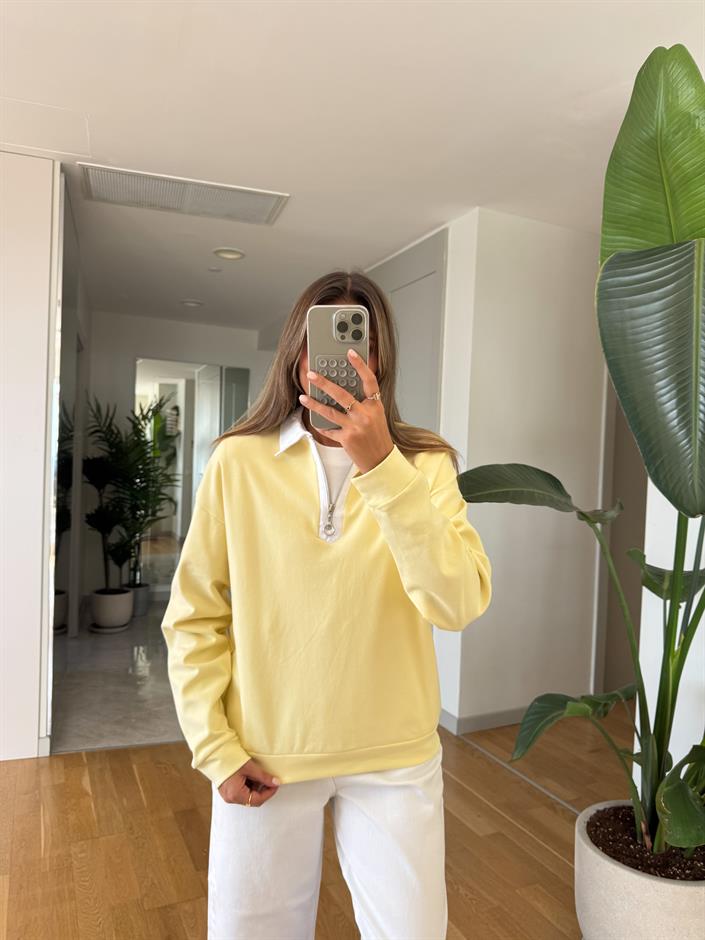 Beyaz Yakalı Fermuarlı Sweatshirt - Sarı