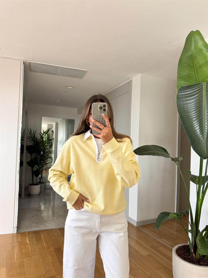Beyaz Yakalı Fermuarlı Sweatshirt - Sarı